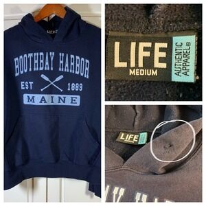 LIFE Authentic Apparel Boothbay‎ Harbor Maine Est 1889 Navy Blue Hoodie Medium